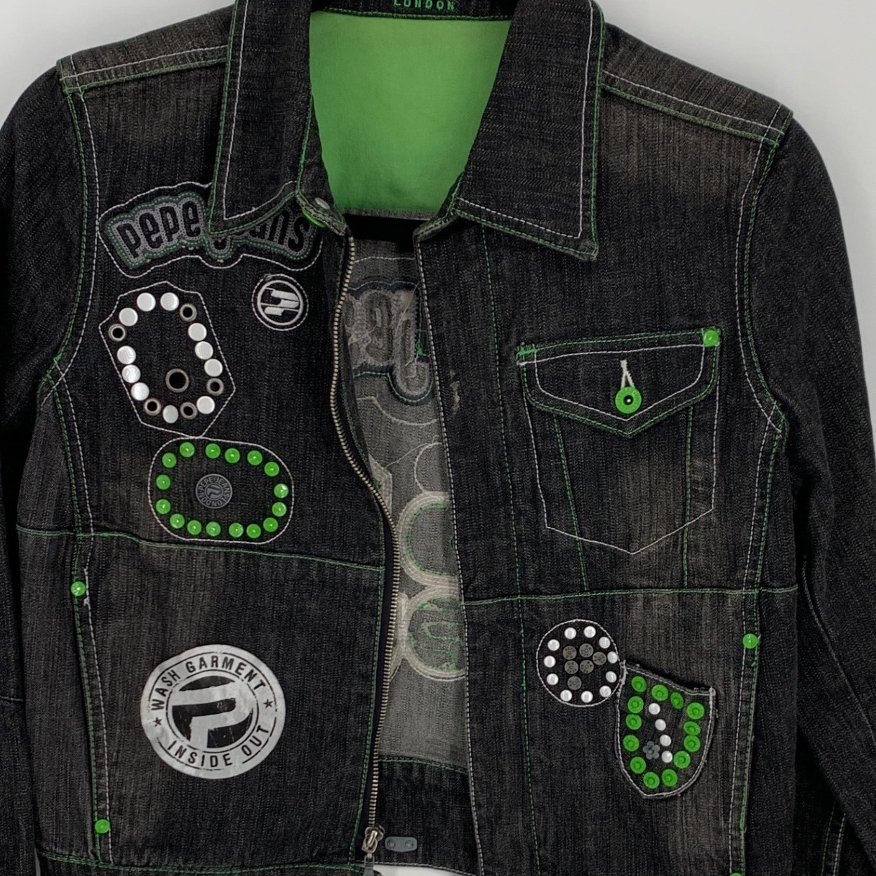 Pepe Jeans London M Black Denim Jacket Neon Green Stitching Y2k — image 3 of 8